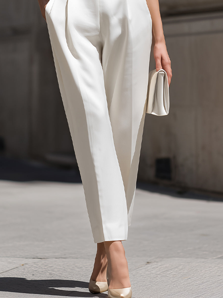 Sleeveless Stand Collar Button Down Crop Top & High Waist Pleated Tapered Pants