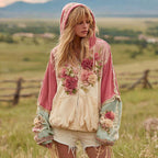 Women's Floral Embroidery Color Block Boho Casual Zip-up Hoodie