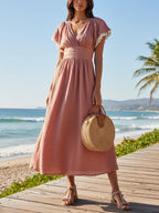 Midi Cotton Dress, Short Sleeves, V Neck, Plain, Lace, Vacation, Vintage, Deep Pink