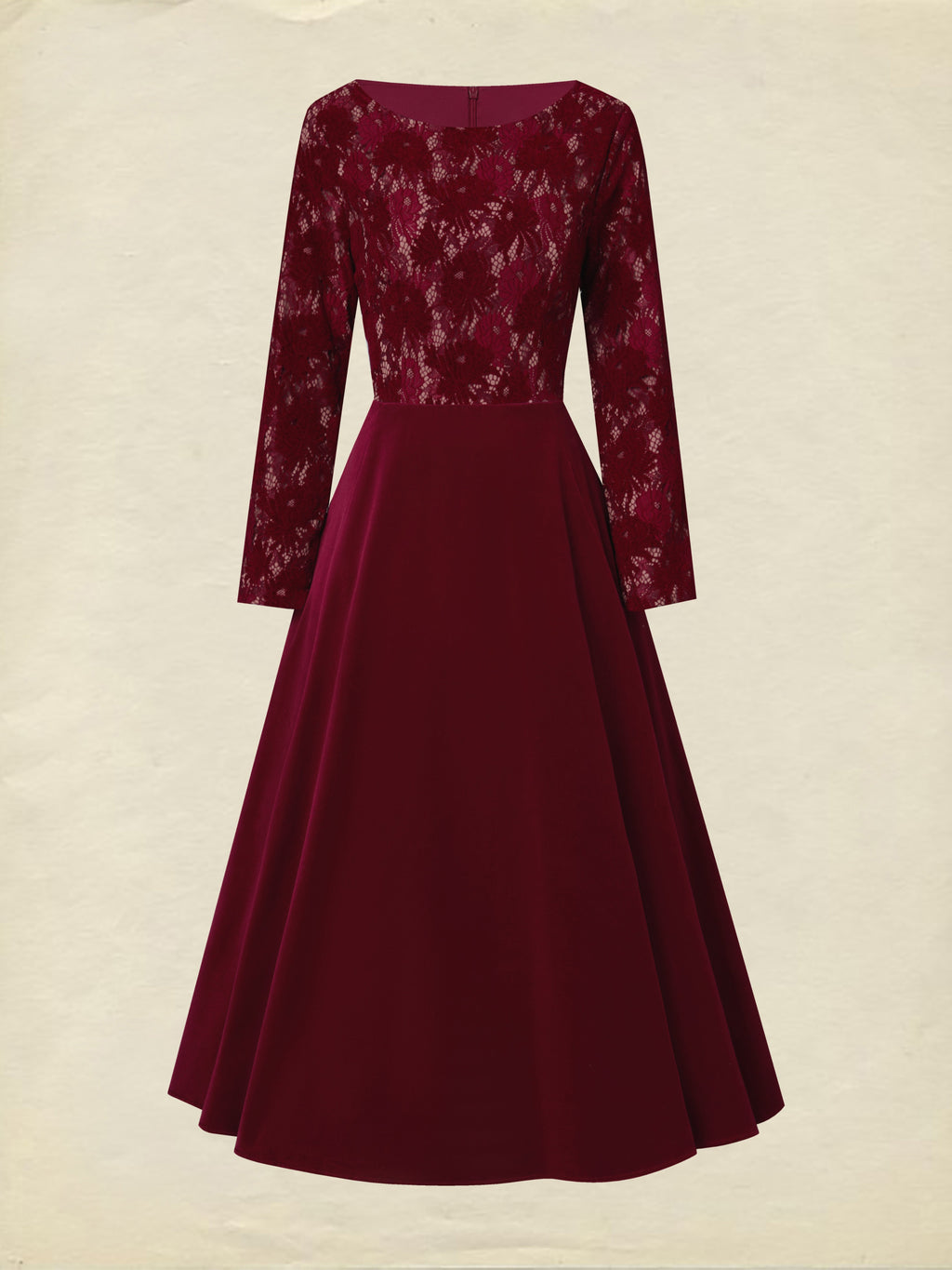 Midi Cotton Dress, Long Sleeves, Round Neck, Floral, Lace, Vintage, Red