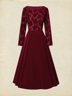 Midi Cotton Dress, Long Sleeves, Round Neck, Floral, Lace, Vintage, Red