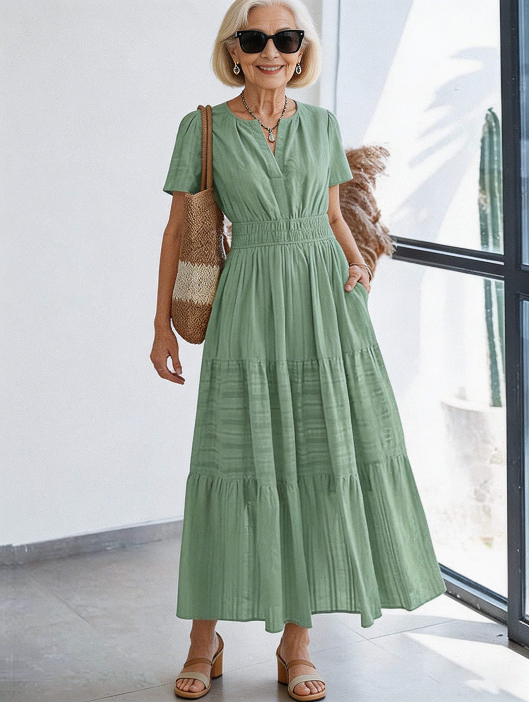 Cotton Fashion V-neck Pleated Bubble Sleeves Layered Pendulum Dress Women