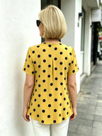 Yellow Polka Dot Chiffon Blouse, V Neck Front Tie Short Sleeve Loose Tummy Concealing Shirt for Mature Women
