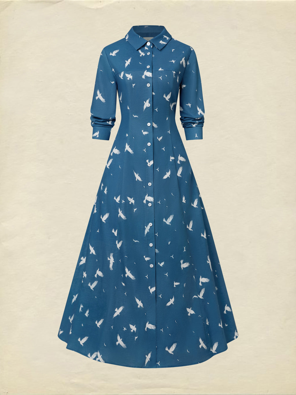 Maxi Linen Dress, Long Sleeves, Shawl Collar, Bird, Button Design, Vintage, Blue