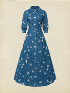 Maxi Linen Dress, Long Sleeves, Shawl Collar, Bird, Button Design, Vintage, Blue