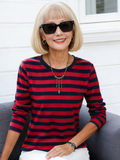Loose Cotton Long-sleeved T-shirt Women's Autumn Clothes Outer Bottoming Shirt Striped
