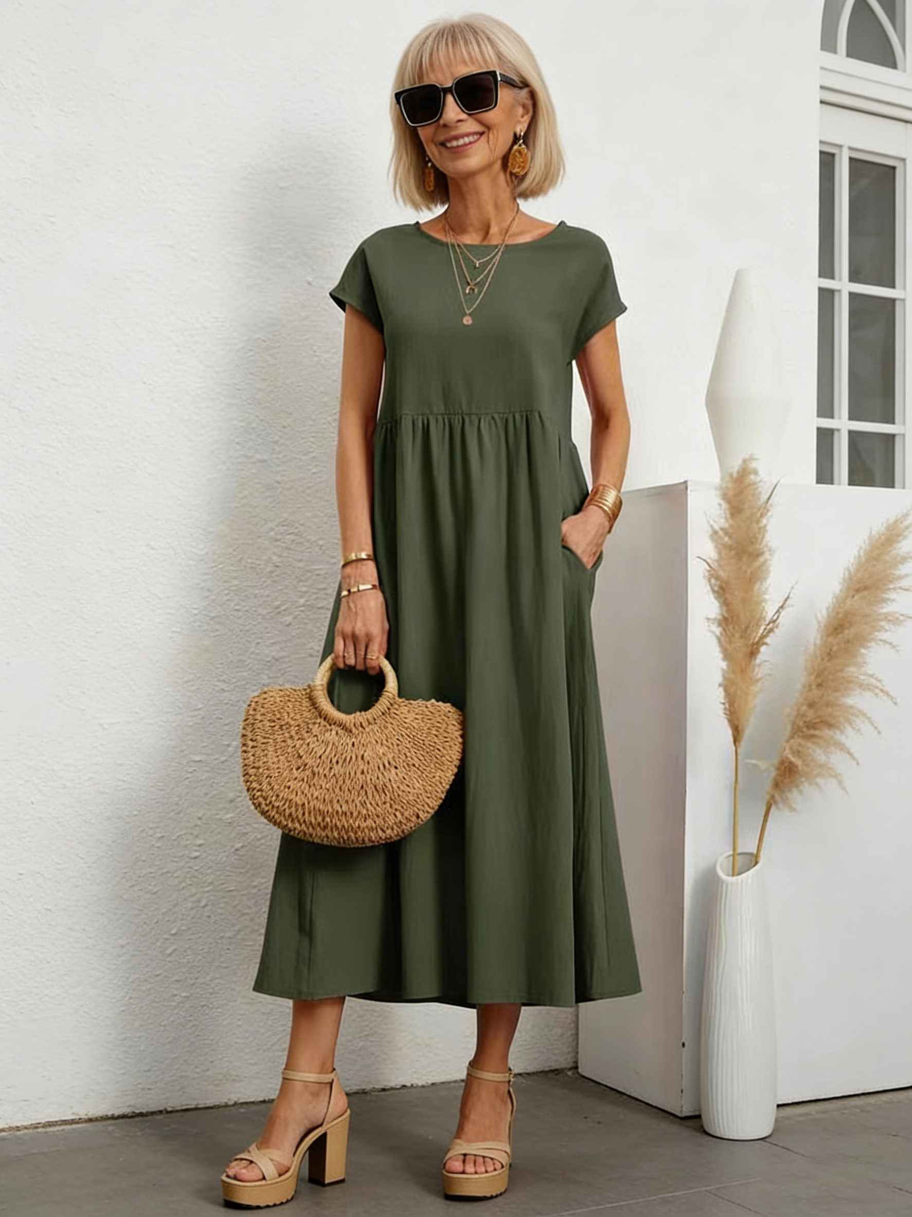Solid Color Linen Round Neck Fitted Dress