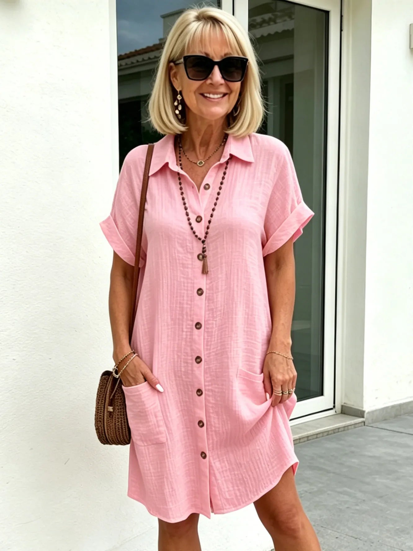Solid Color Shirt Dress Simple, Made of Breathable, Featuring a Lapel Collar and Orderly Button Arrangement That Adds a Vintage Charm