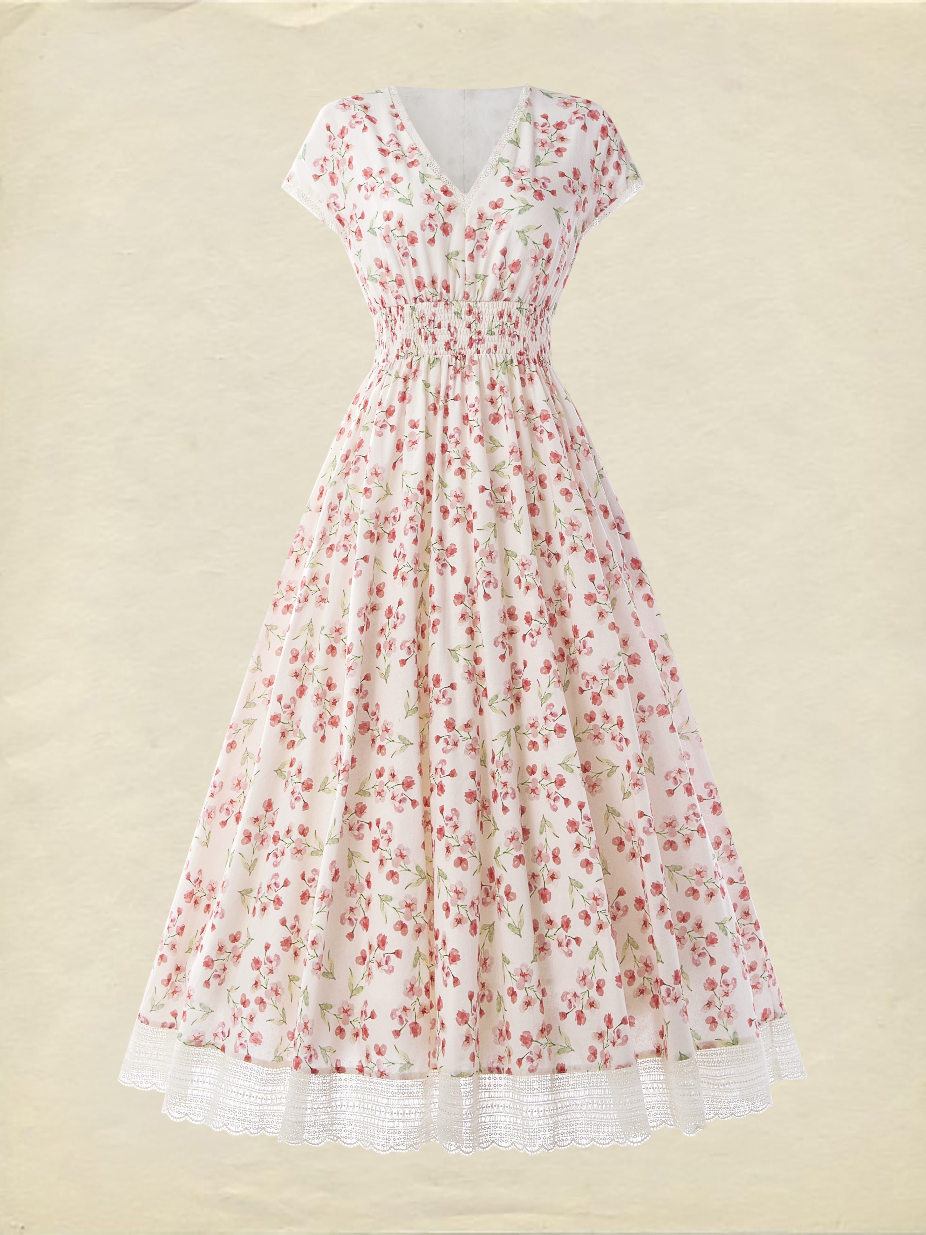 (SIZE:XS-XXL) Linen Maxi Dress, Short Sleeve, Lace Collar, Floral, Vintage, White