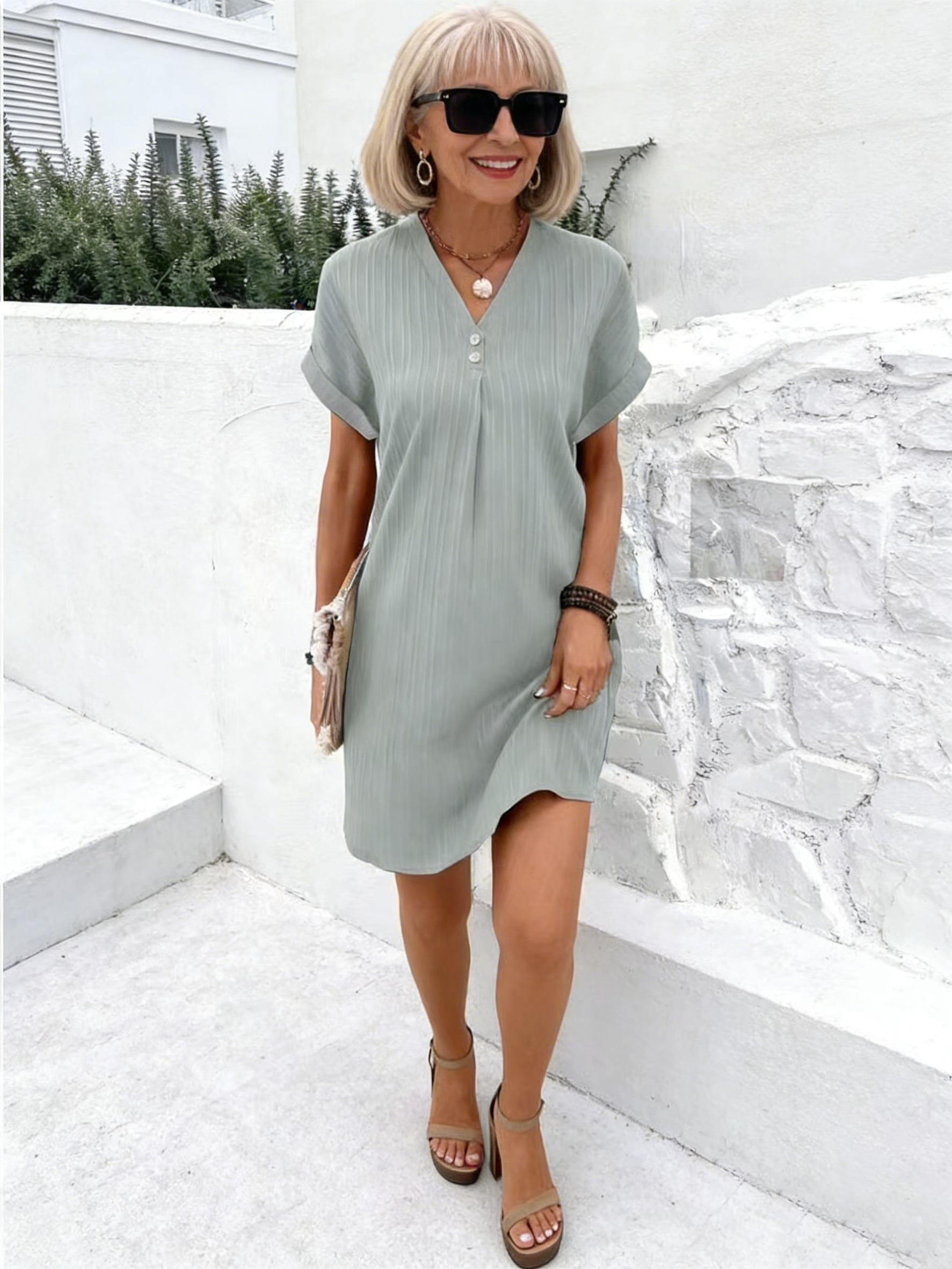V-neck Solid Color Pullover Comfortable Casual Button Dress