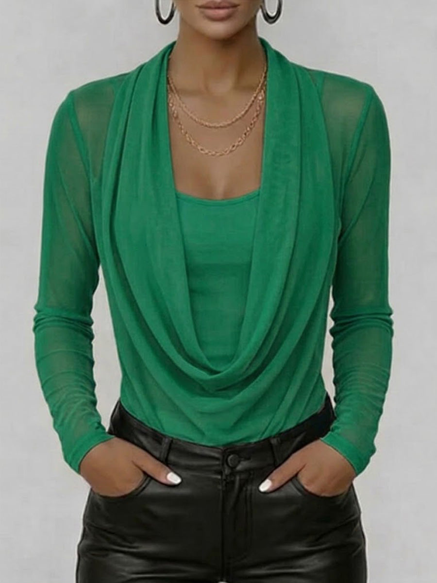 Women's Swing Neck Long-sleeved Casual Loose-fitting Sheer Mesh Top