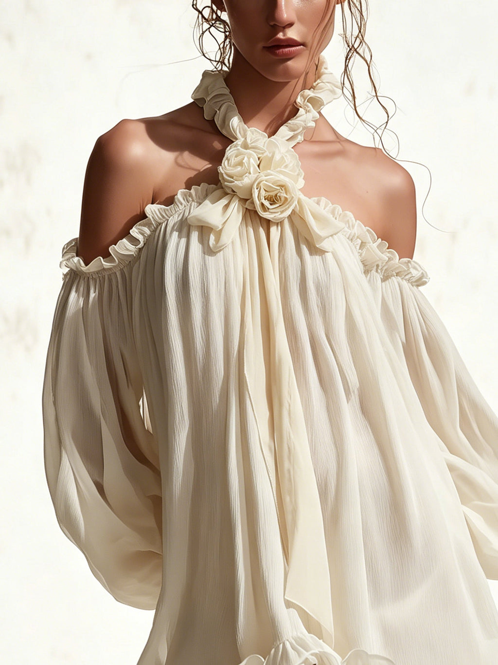 Cream Off Shoulder Chiffon Mini Dress With 3D Flower