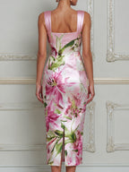 Elegant Floral Square Neck Midi Dress