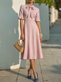 Midi Linen Dress , Half Sleeve, Round Neck, Plain, Bow, French Vintage, Light Pink