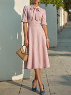 Midi Linen Dress , Half Sleeve, Round Neck, Plain, Bow, French Vintage, Light Pink