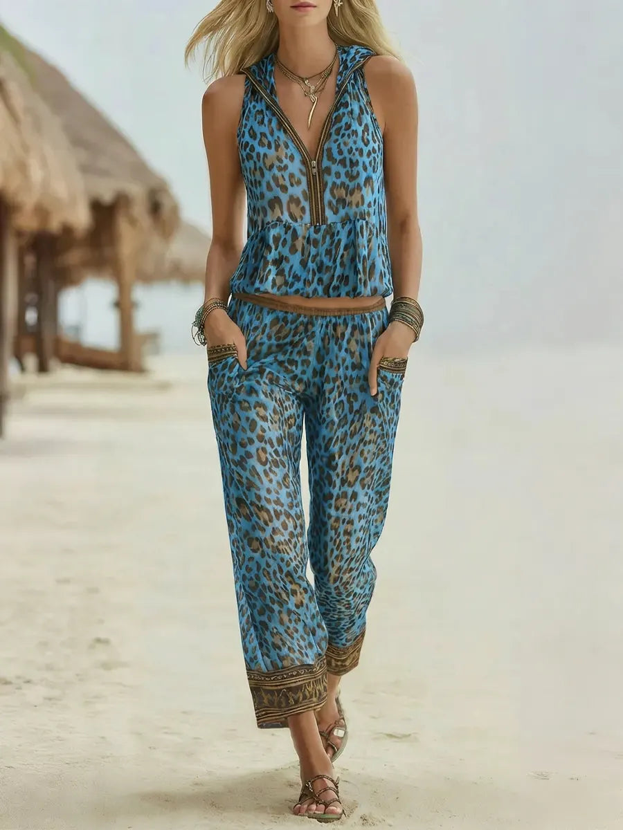 Women's Retro Leopard Art Print Hooded Casual Top And Pants Suits