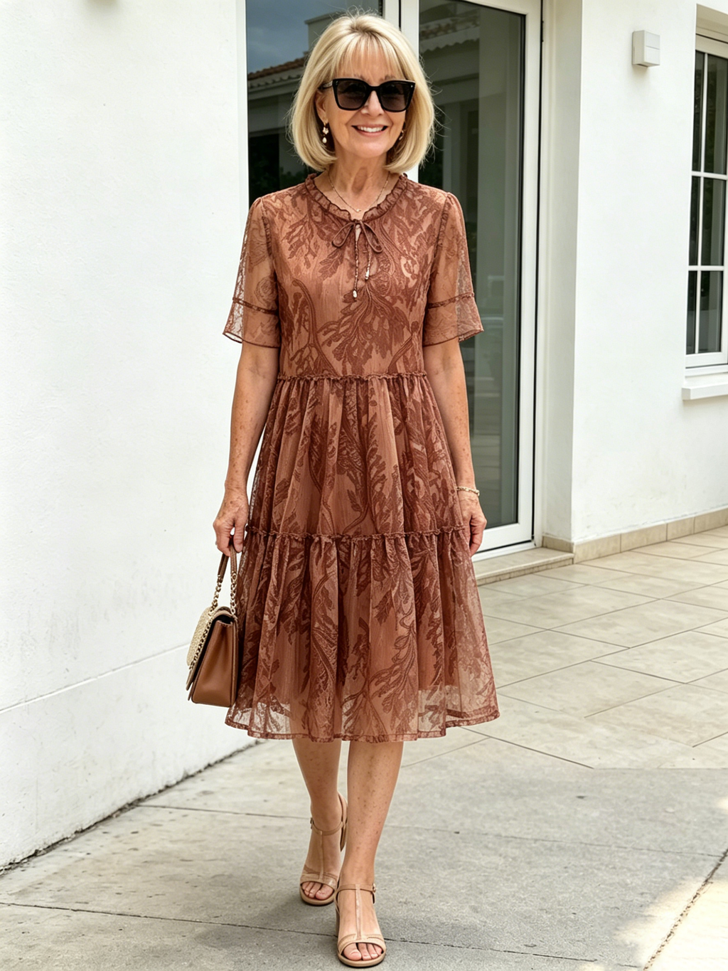 Floral Mesh Dress Large Size Loose and Thin Short Sleeves Fat Girl Middle-aged and Elderly Mother Skirt