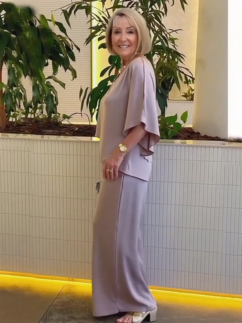 2Pcs Gray Double Layer Tunic Pantsuit