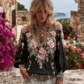 Vintage Pink Roses Embroidered Flowy Linen T Shirt