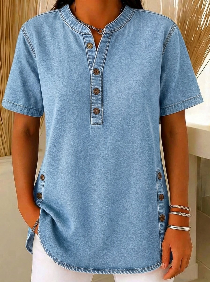 NatureQueens Women's Loose Denim Top - V Neck Short Sleeve Casual Button Up Cotton Blouse
