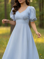 Maxi Linen Dress, Short Sleeves, Sweetheart Neck, Plain, Vintage, Blue