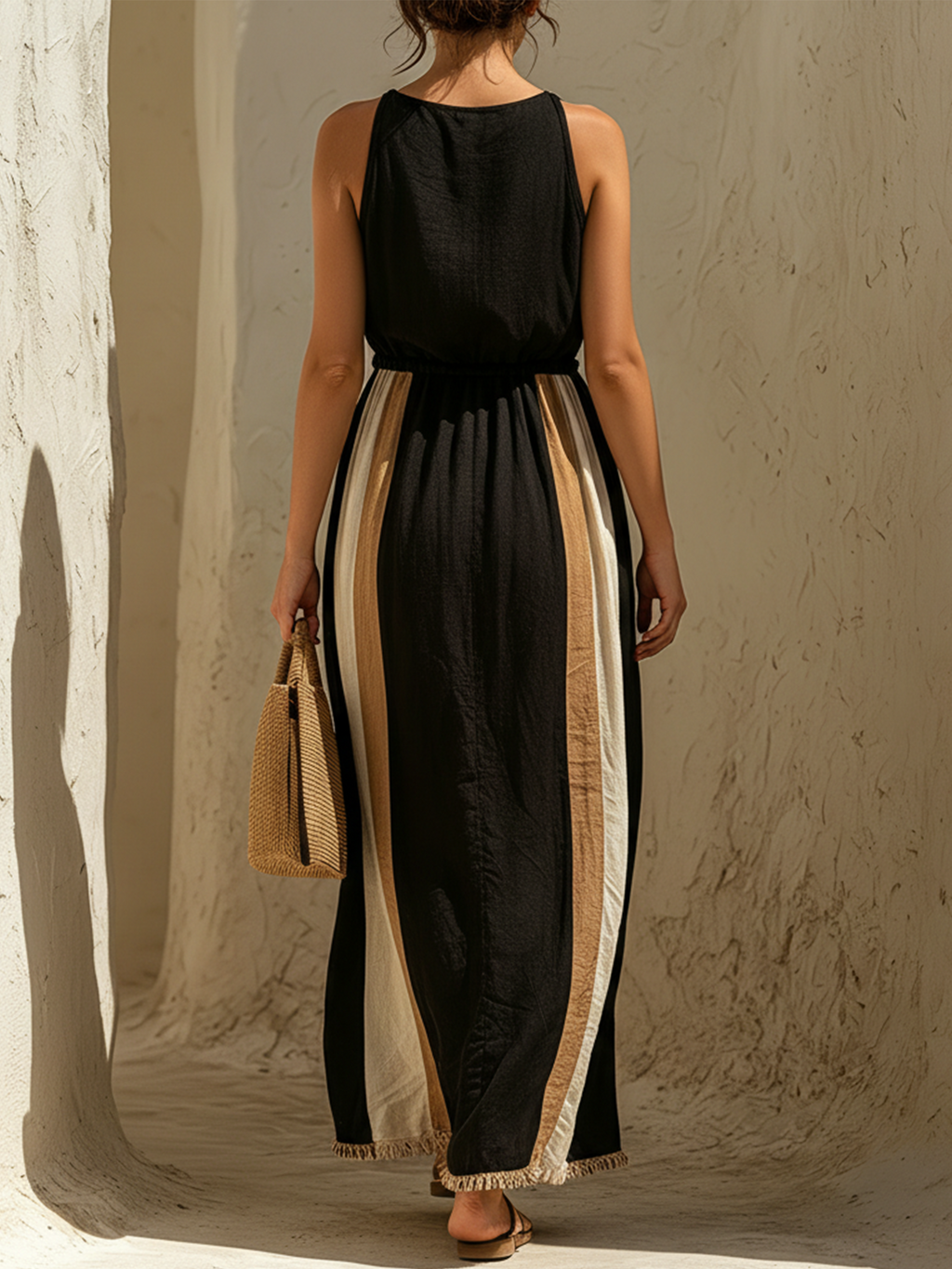 Black & Beige Color-Block Linen-Cotton Deep V-Neck Drawstring Maxi Dress