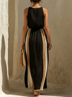 Black & Beige Color-Block Linen-Cotton Deep V-Neck Drawstring Maxi Dress