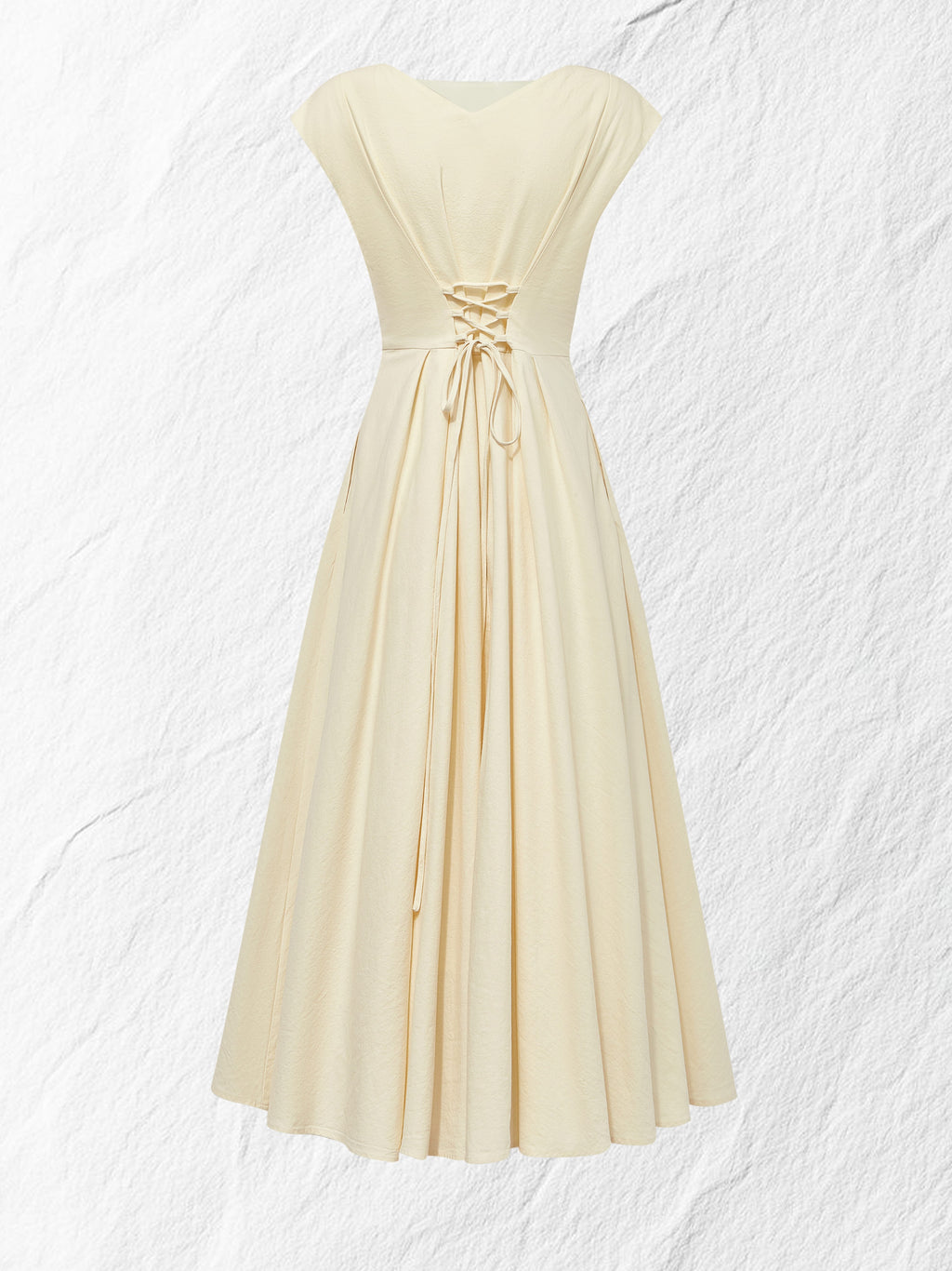 Linen Midi Dress, Cap Sleeve, Boat Neck, Plain, Vintage, Off White