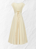 Linen Midi Dress, Cap Sleeve, Boat Neck, Plain, Vintage, Off White