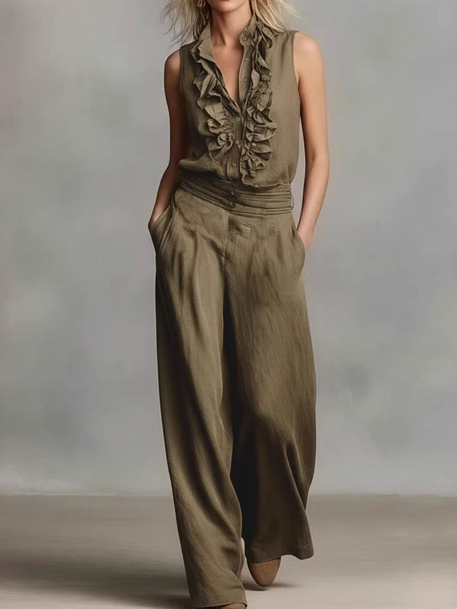 Women's Simple Linen Sleeveless Casual Shirt And Wide-leg Pants Set