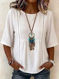 Bohemian-style Mid-sleeve Cotton And Linen Top