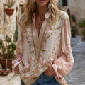 Women's Floral Embroidery Linen V-neck T-shirt
