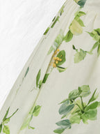 Linen Maxi Dress, Short Sleeve, V neck, Floral, Vintage, Green