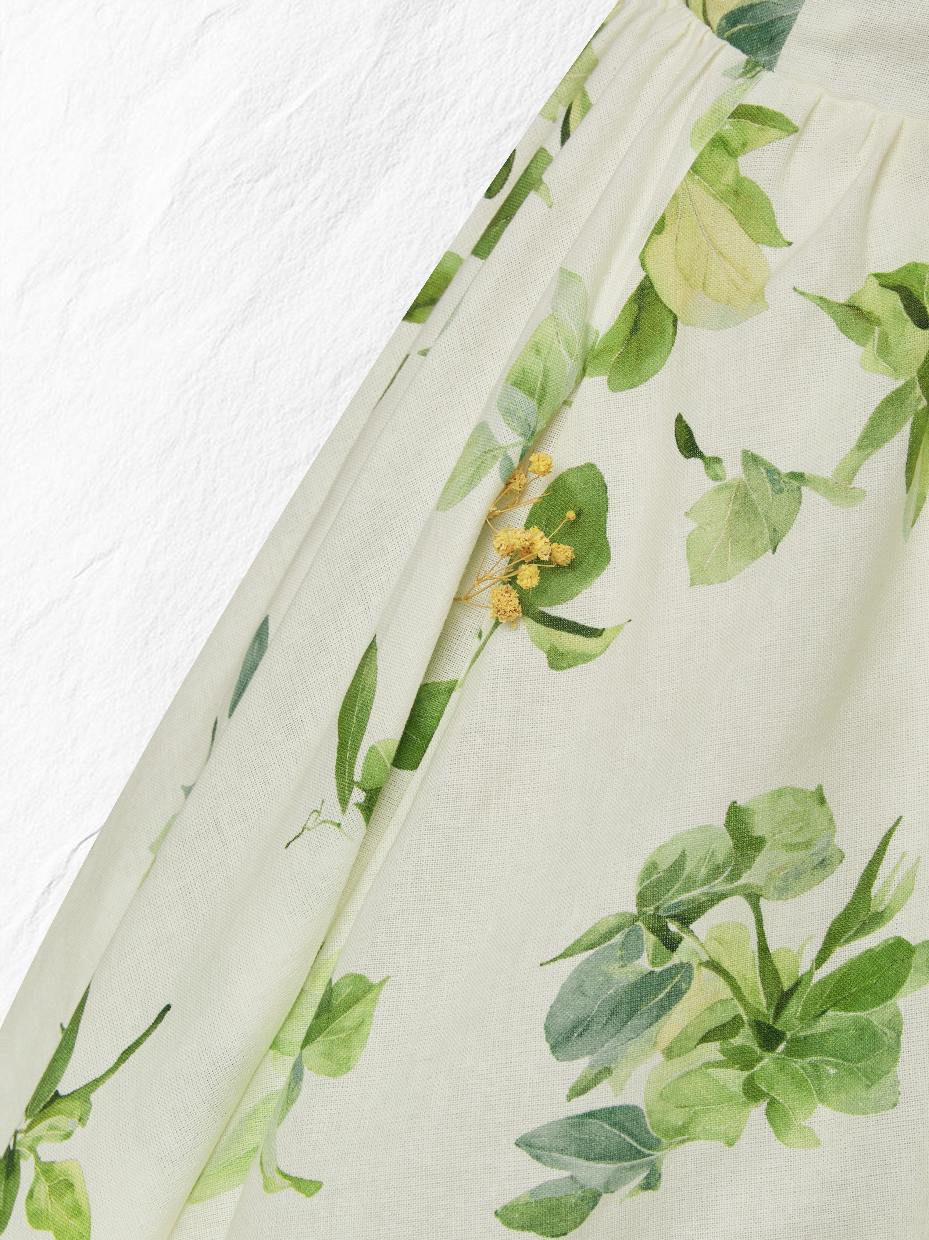 Linen Maxi Dress, Short Sleeve, V neck, Floral, Vintage, Green