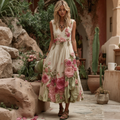 Women Vintage Floral Embroidery Art V Neck Linen Maxi Dress