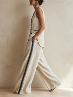 Cream Linen-Blend Double-Breasted Vest & Wide-Leg Trousers Co-ord Set