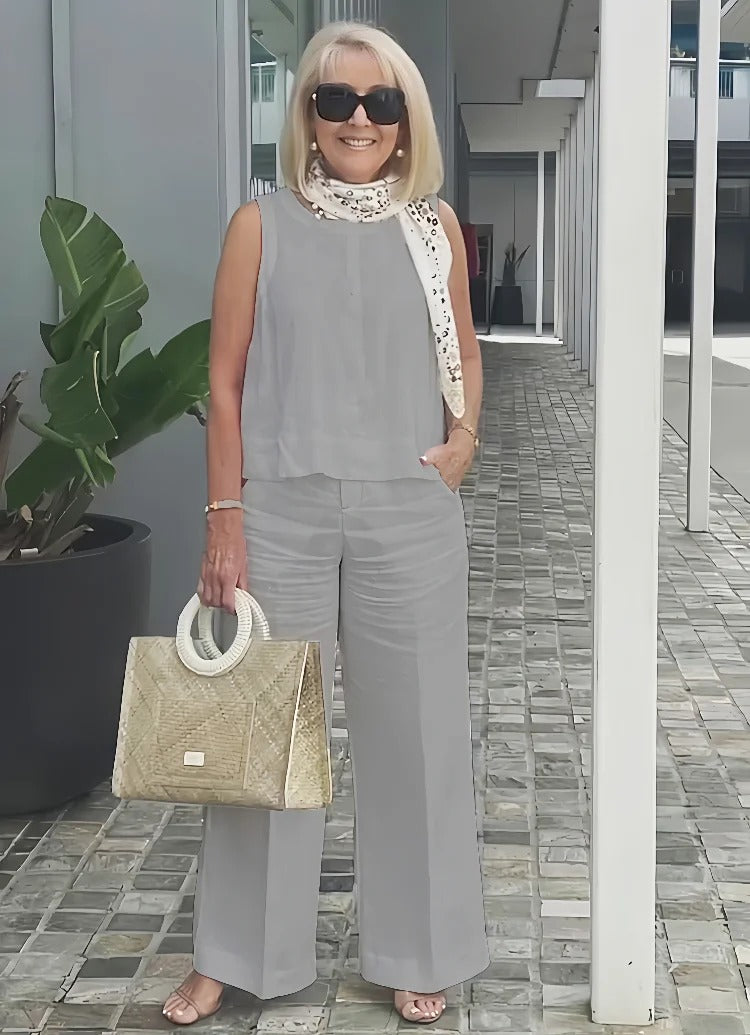 Sleeveless Solid Cotton and Linen Set for Breathable and Comfortable Holiday Two-Piece Set