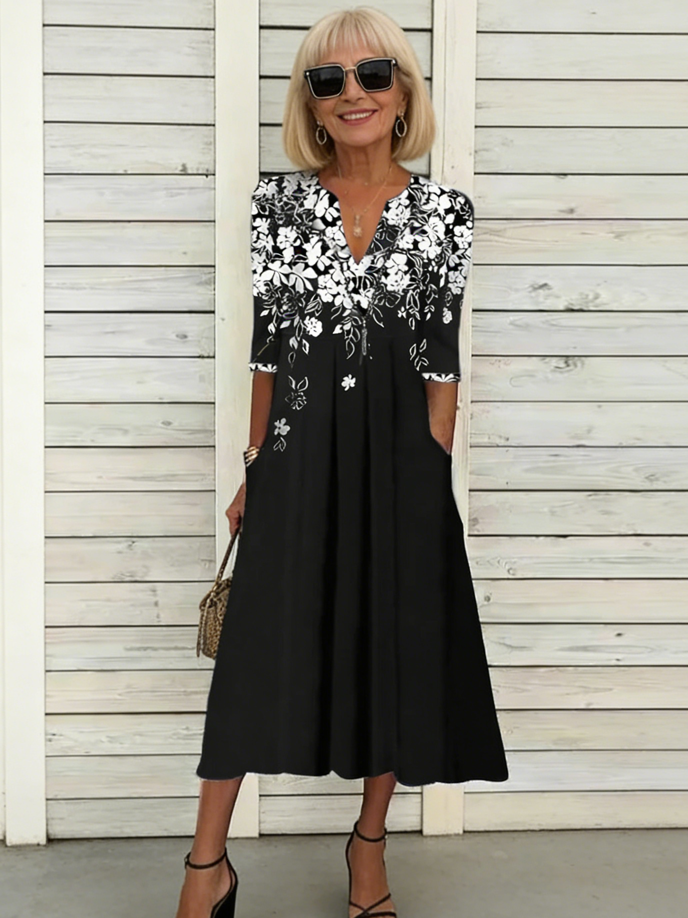 V-neck Pocket Bohemian Print Seven-quarter Sleeve Dress