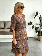 Lavender Chiffon Vacation Prints Color Round Neck Cake Skirt Splicing Dress Mid-length