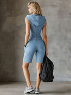 Casual Retro Lace Hooded Light Blue Denim Sleeveless Shorts Jumpsuit