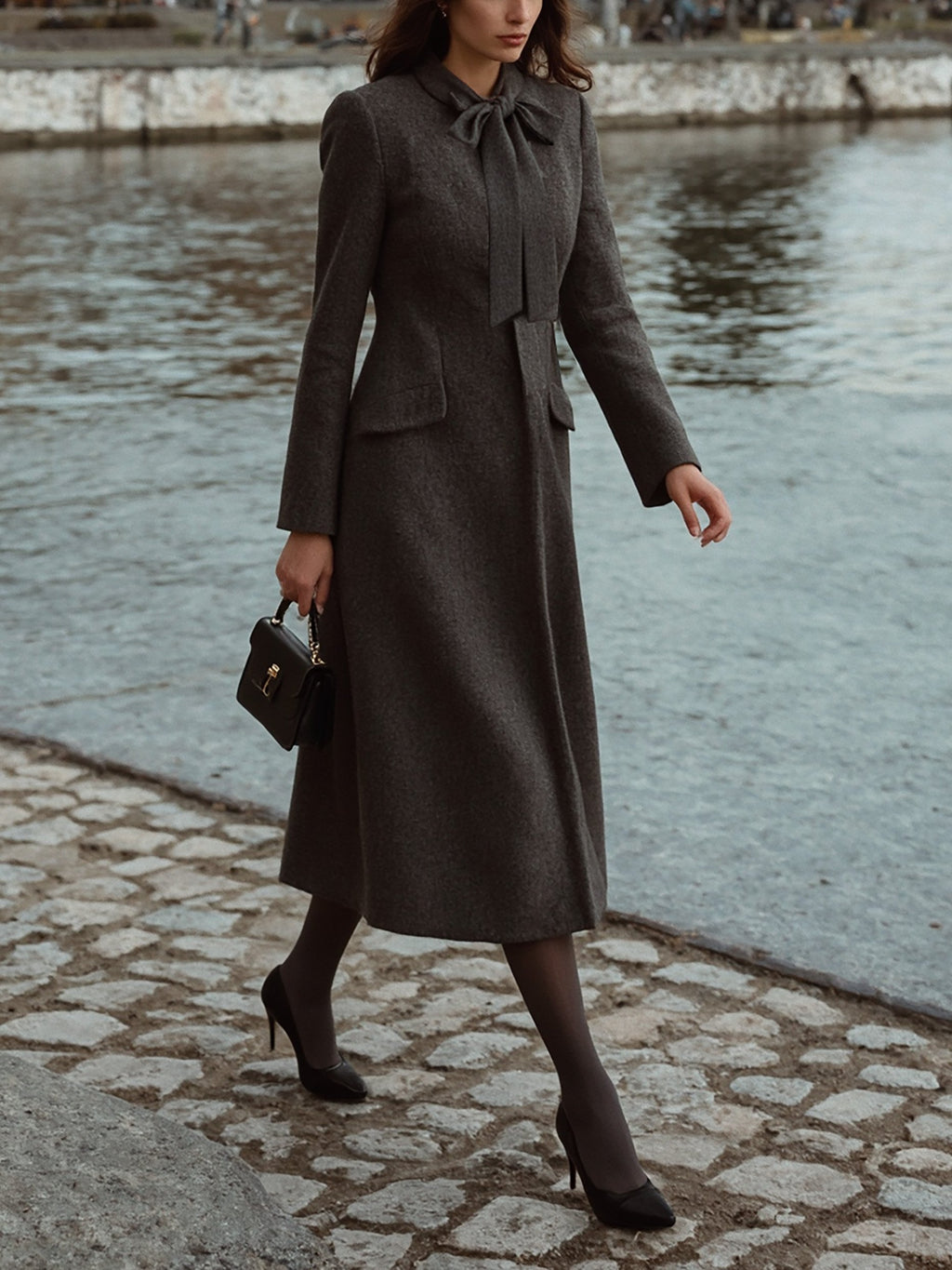 Wool Trench Coat, Long Sleeves, Plain, Pocket Design, Vintage, Deep Gray