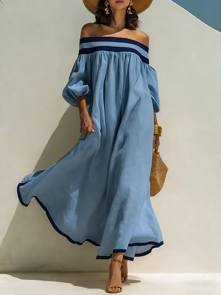 Loose-fitting Color-blocked Off-the-shoulder Cotton-linen Maxi Dress