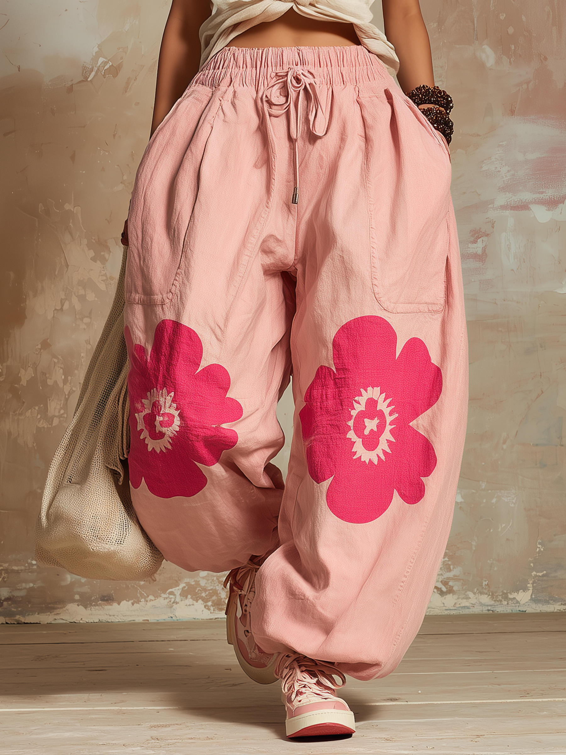 Floral Print Balloon Pants With Elastic Waist