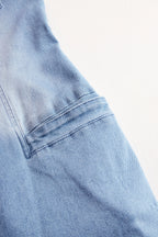 Casual Retro Light Blue Denim Flared Long-Sleeved Wide-Leg Raw Edge Jumpsuit