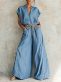 Light Blue Denim Short Sleeve Wide Leg Jumpsuit