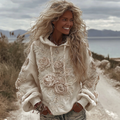Women's Classic Romantic White Rose Embroidery Art Comfy Hoodie