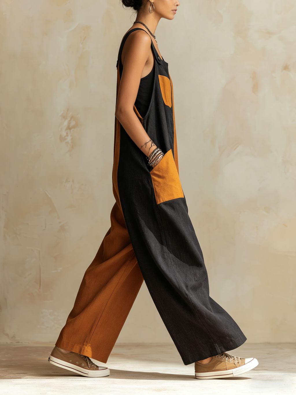 Two-Tone Patchwork Linen-Blend Overalls
