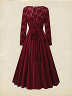 Midi Cotton Dress, Long Sleeves, Round Neck, Floral, Lace, Vintage, Red