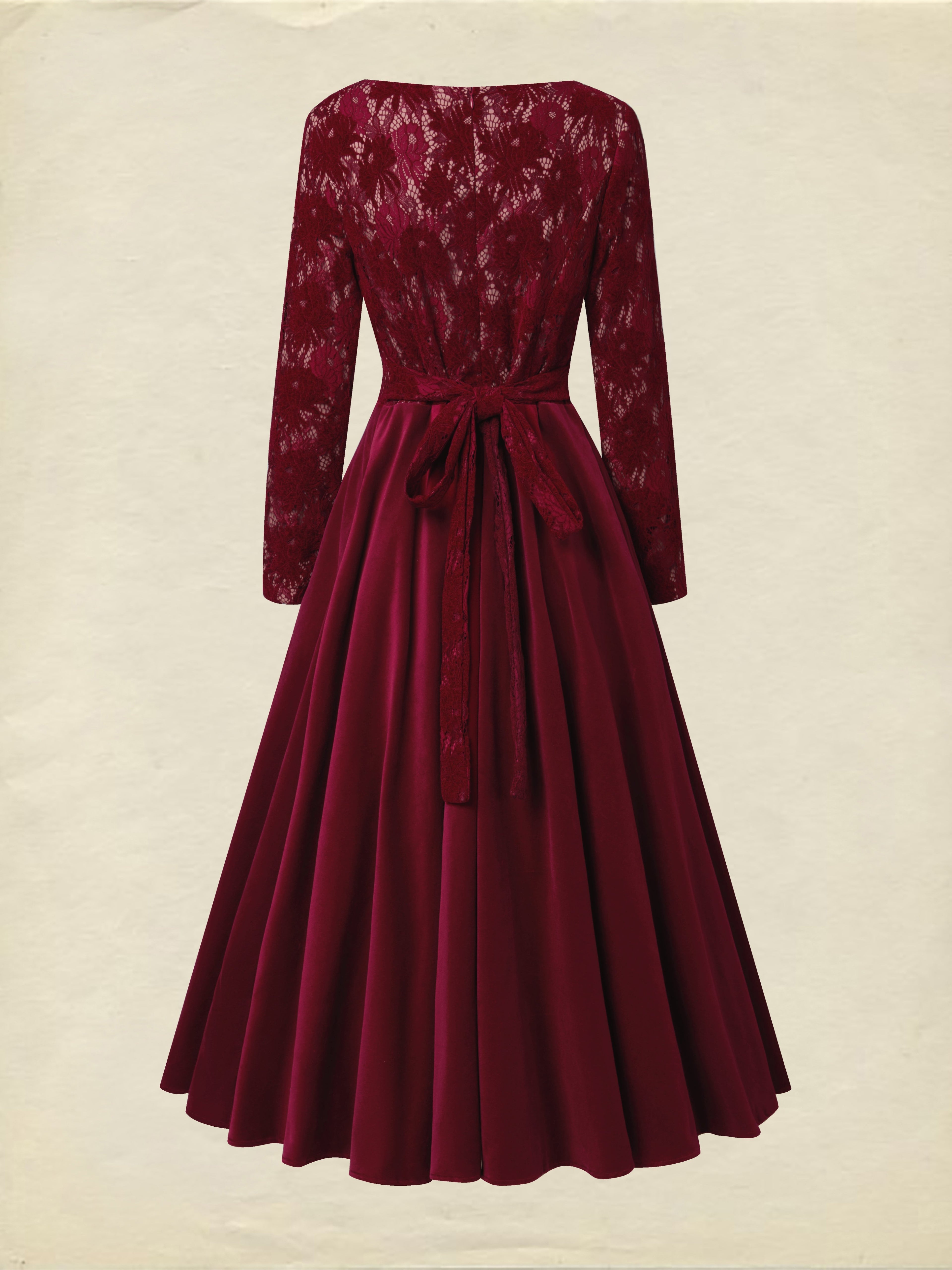 Midi Cotton Dress, Long Sleeves, Round Neck, Floral, Lace, Vintage, Red