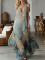 Vintage Marble Texture Collection Retro Bohemia Women Style Gradient Gilded Pattern Linen Maxi Dress